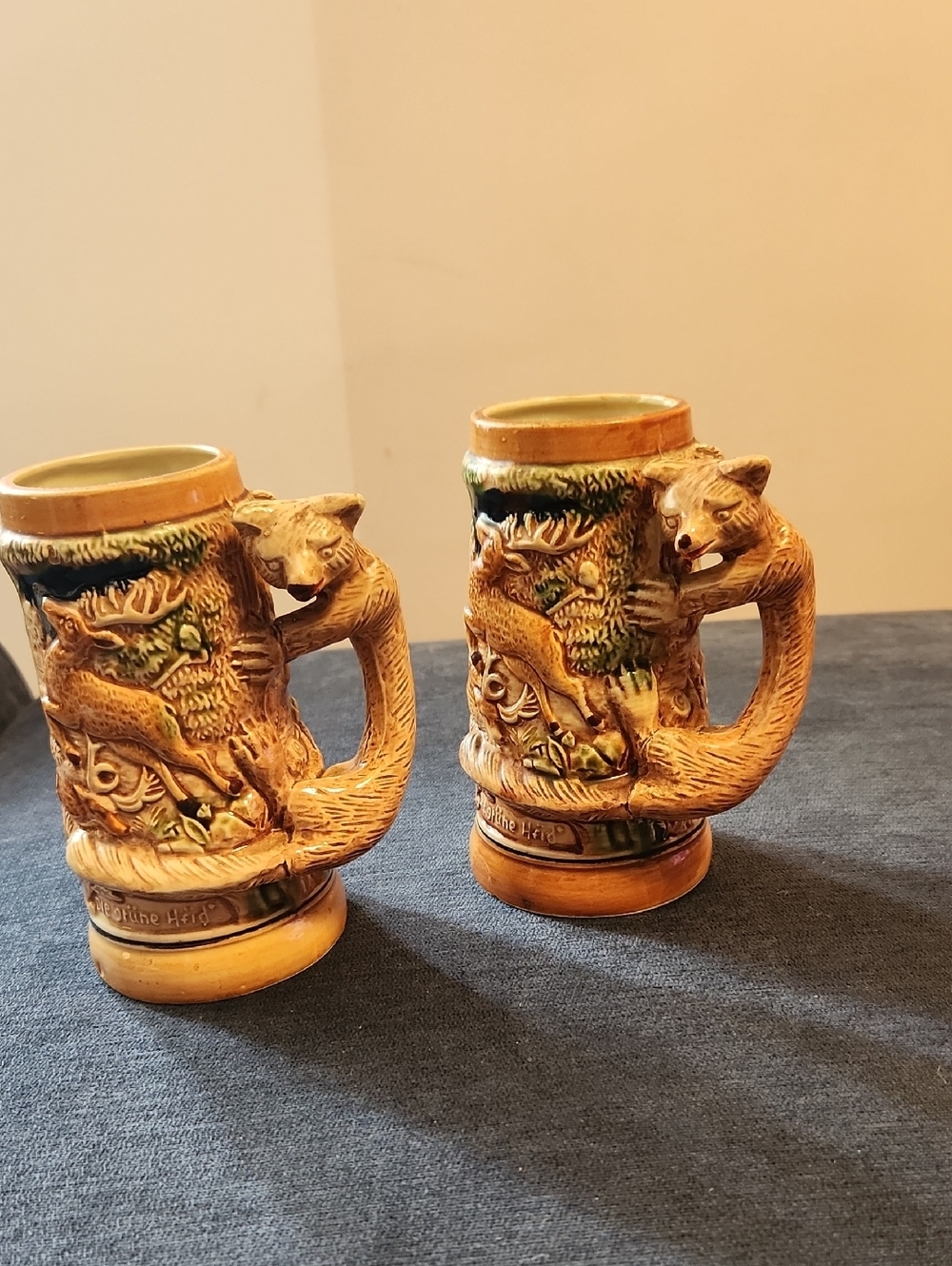 Vintage Fox Handle Ceramic Stein Pair in Brown and Green